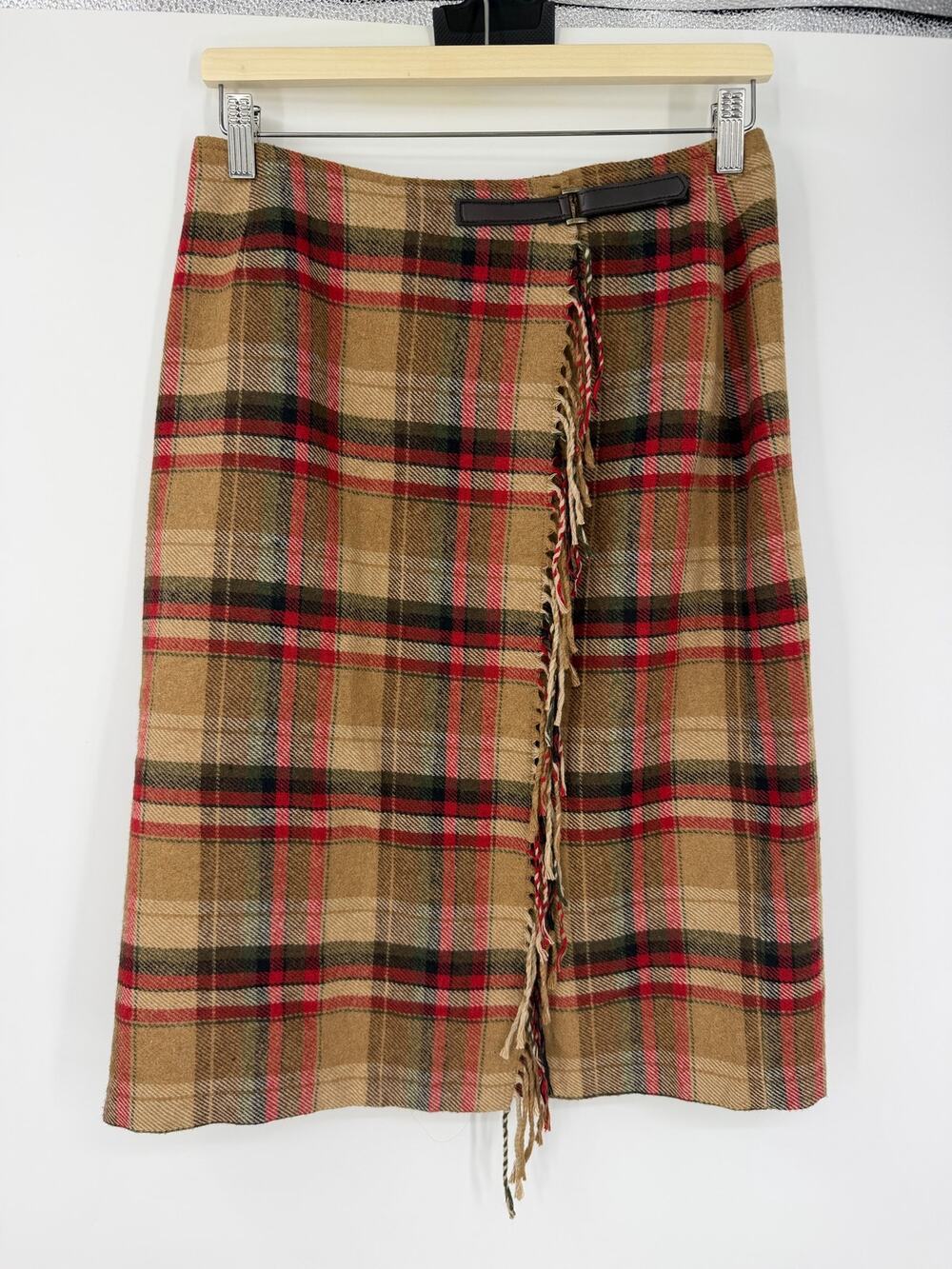 Jaclyn Smith Vintage Plaid Wool Blend Wrap Skirt 10 Fringe Tartan Dark Academia